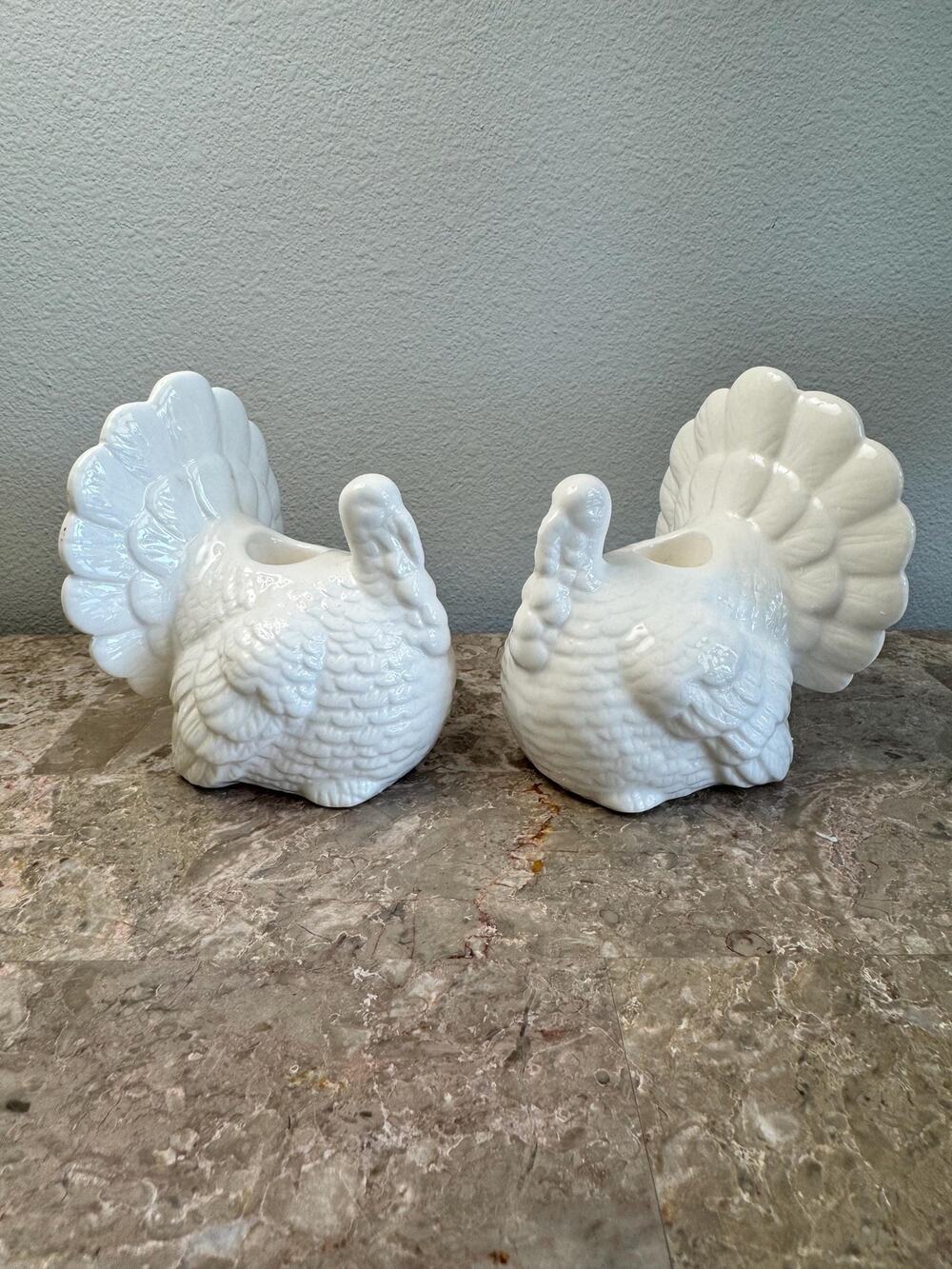 Vintage white ceramic turkey candlestick holder pair by Pacific Rim